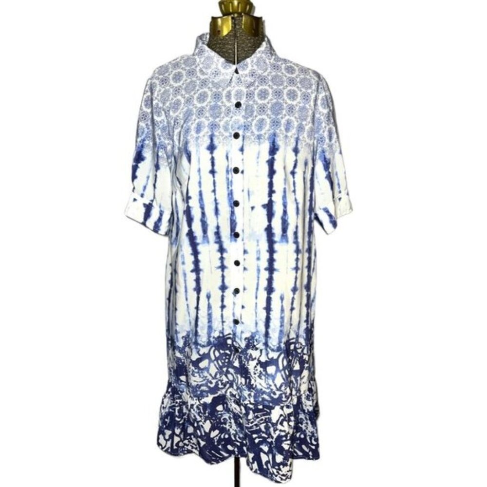 Peter Som Button Up Front Short Sleeve Shirt Dress Blue White Womens Size 8